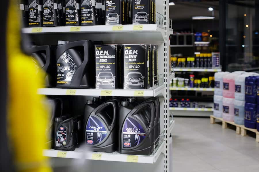 Motor oil displayed on a shelf