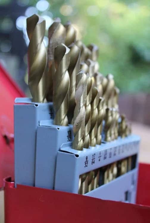 Stainless drill bits stored upright in an opened box