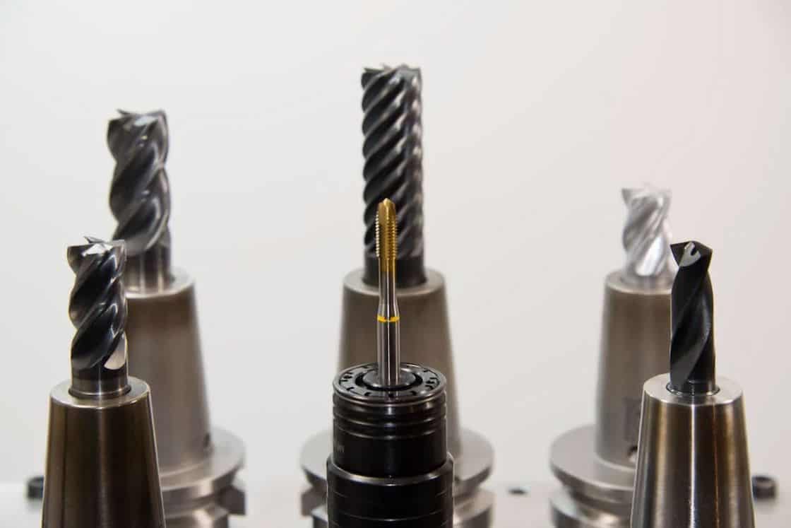Various kinds of drill bits lined upright