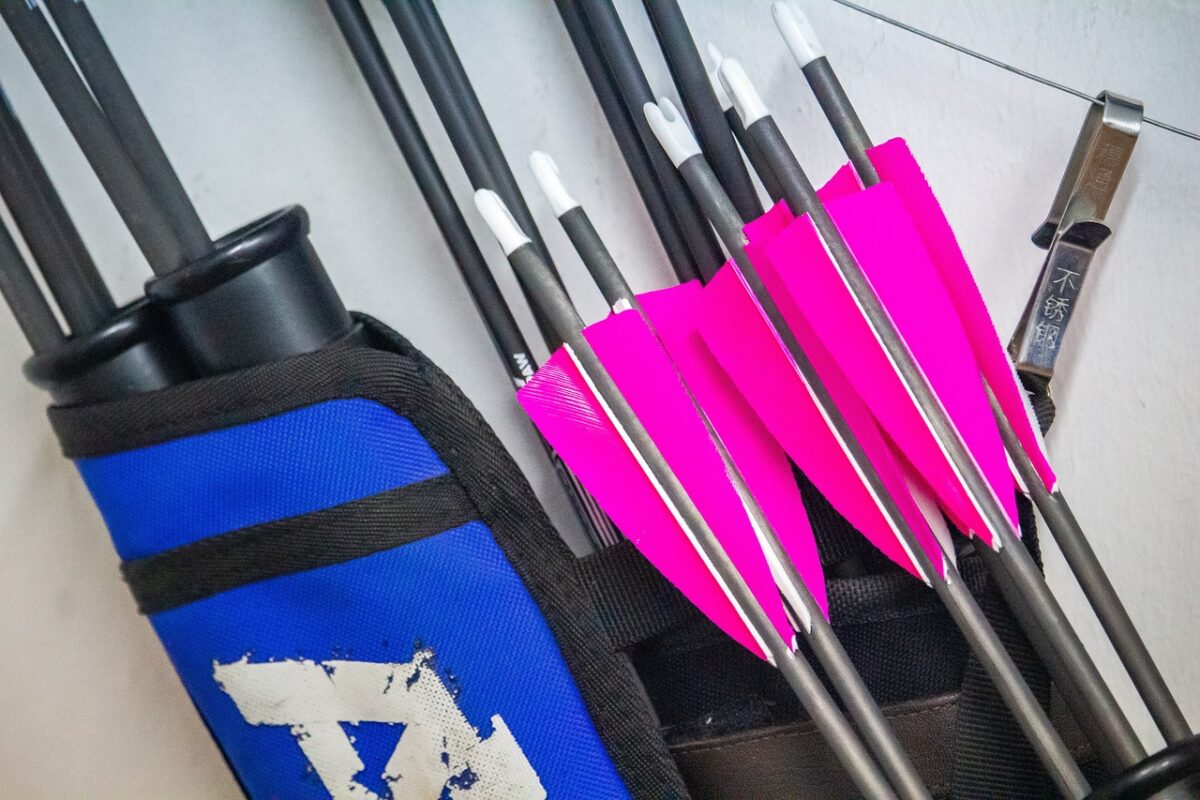 Archery arrows with pink fletching with a quiver or holder beside it